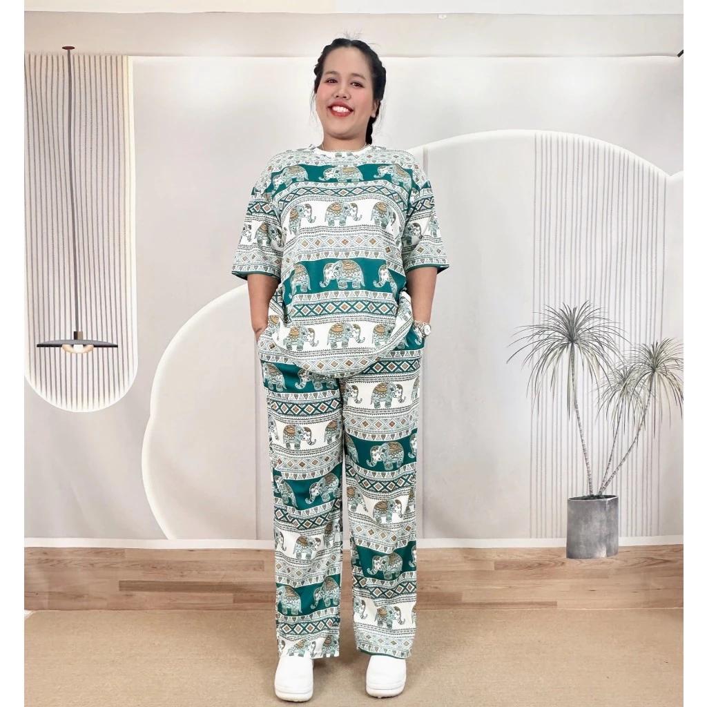 Słoniowe Spodnie Koszula Zestaw Okrągły Dekolt Krótki Top Krótki Rękaw Regulowany Elastyczny Pas Pasek Kobiety Nadruk Tajlandia Casualowy Bohemski Retro Vintage