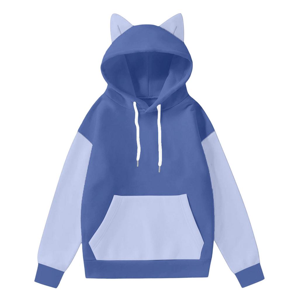 Women's Fashion Long-Sleeved Color-Blocked Printed Hooded Sweatshirt With Ears