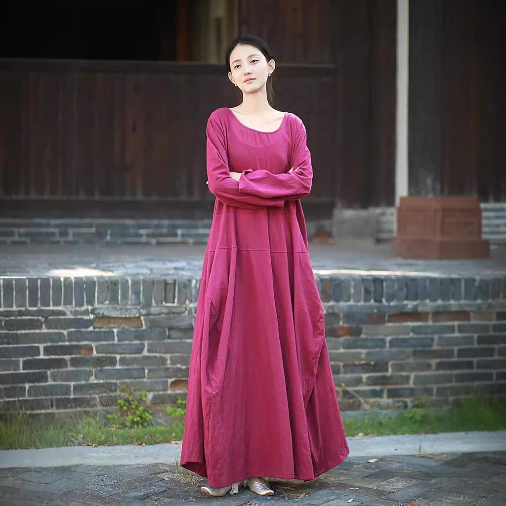 Johnature Women Vintage Dress O-Neck Long Sleeve Spring Solid Color A-Line Women Dress