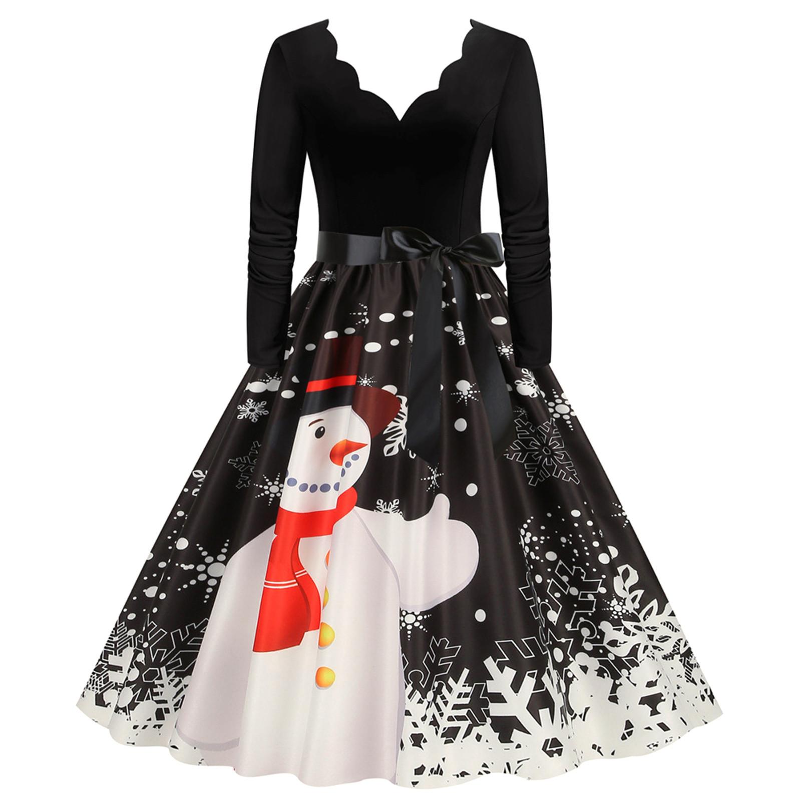 

Женское модное рождественское повседневное тонкое платье с длинным рукавом с принтом и подолом XXL чёрный