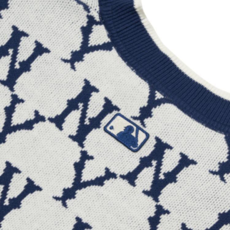 MLB Old Flower Sweaters Unisex Blue With White Lettering V Neck Moderate Cardigan 3AKCM0121-50CRS