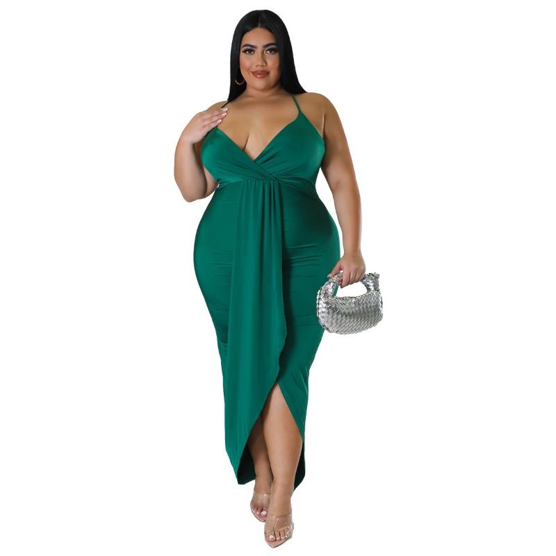Plus Size Black Halter Deep V Neck Twist Front Ruched Split Bodycon Maxi Dress
