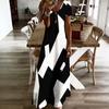 Women Plus Size V Neck Short Sleeve Black White Printed Straight Long Dress