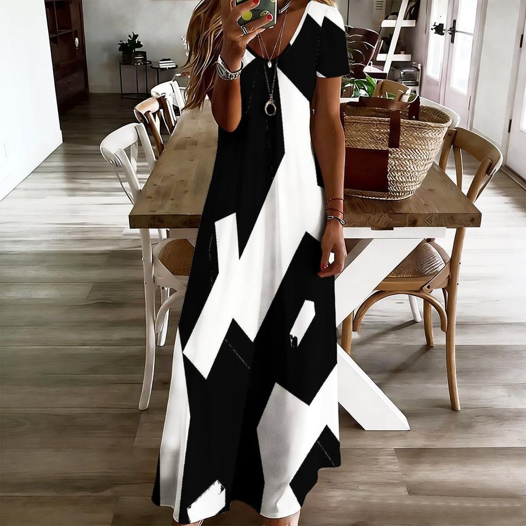 Women Plus Size V Neck Short Sleeve Black White Printed Straight Long Dress