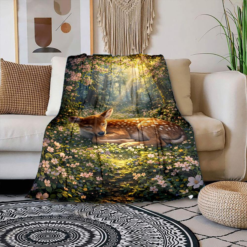 

Multiple sizes Sleeping fawn in forest Print Blanket Warm Soft Suitable for All Seasons for Home Sofa Travel Camping Picnics RV 75x100cm