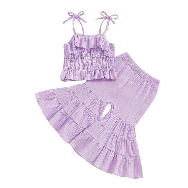 

Newborn Kids Baby Girls 2PCS Sets Summer Clothes Sleeveless Ruffle Lacing Strap Tops Elastic Flare Pants Outfit Set Children New 2-3Y фіолетовий