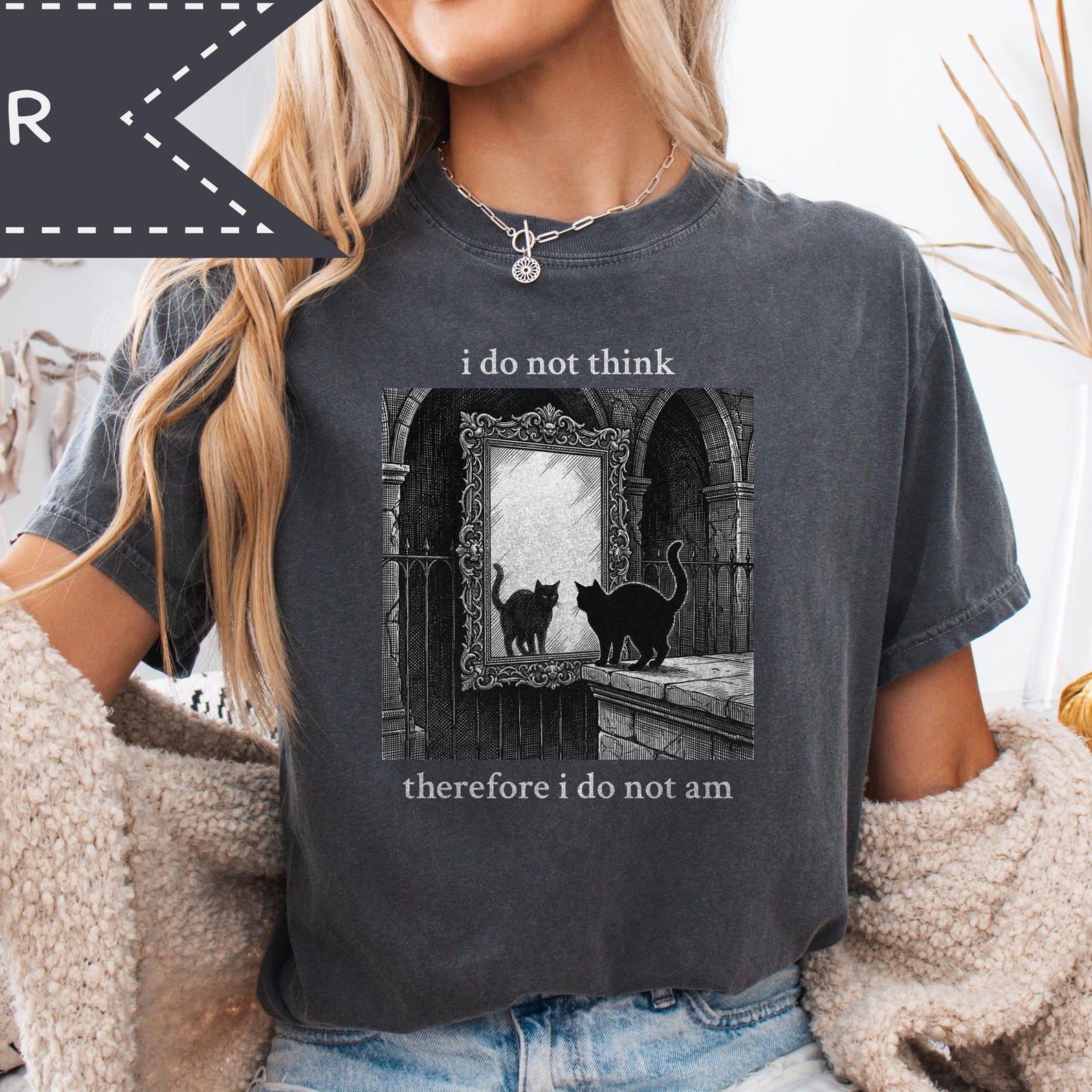 I do not think therefore I am Philosophical Cat Tee, Sad Kitten T-Shirt, Intellectual Gothic Apparel S