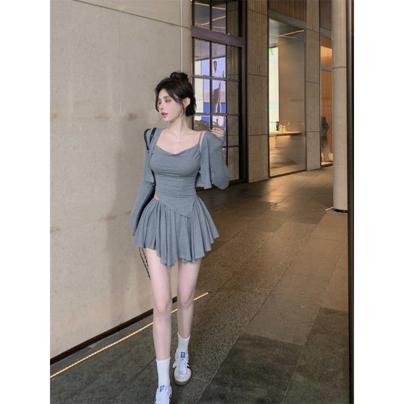 Pure Desire Style Spice Girl Suit Women's Spring Summer New Fried Street Slim and Thin Irregular Suspender Skirt Three-piece Set