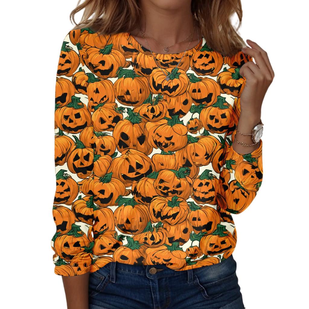 Women's Casual Long Sleeve Halloween Print Pullover Top Crew Neck Lightweight Sweatshirt for Fall and Everyday Wear