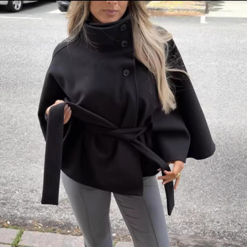 European & American Women's Trendy Loose Stand-Up Collar Bathrobe-Style Coat with Belt - In Stock