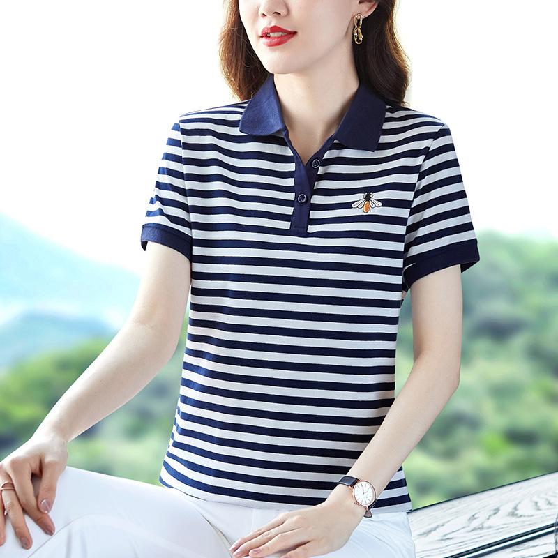 

YYFS Женская мода Повседневная Лето Весна Полосатый Принт Короткий рукав Воротник ПОЛО Блузки и Рубашки M