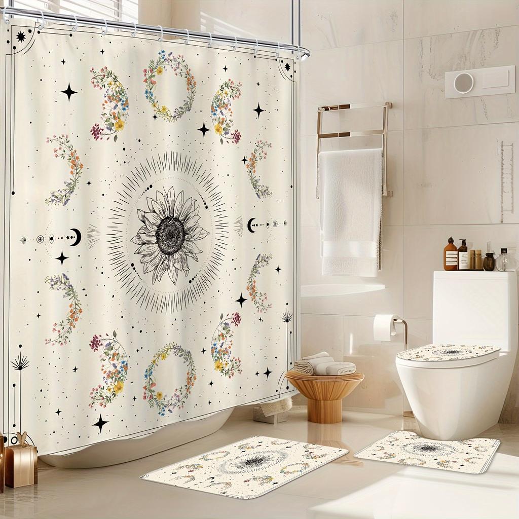 Celestial Dream Shower Curtain - Bohemian Floral with Moon Phases & Stars, Waterproof, 12 Hooks, Easy Install, Beige Aesthetic
