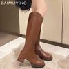 Winter Women High Boots Leather Mid Heels Shoes Knee High Chunky Motorcycle Boots 2024 Trend New Fashion Pumps Botas De Mujer