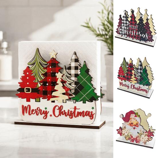 Holiday Napkin Dispenser Christmas Holder, Wooden Tissue Dispenser, Cute Santa Claus Xmas Vertical Paper Towel Storage Tree Freestanding Cocktail