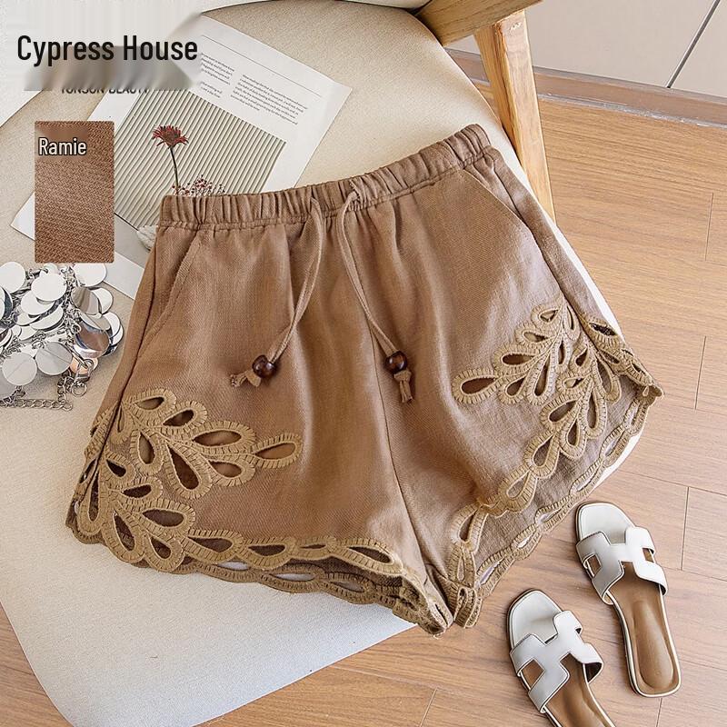Women s Hollow-Out Ramie Wide-Leg Shorts with Drawstring L кофейный