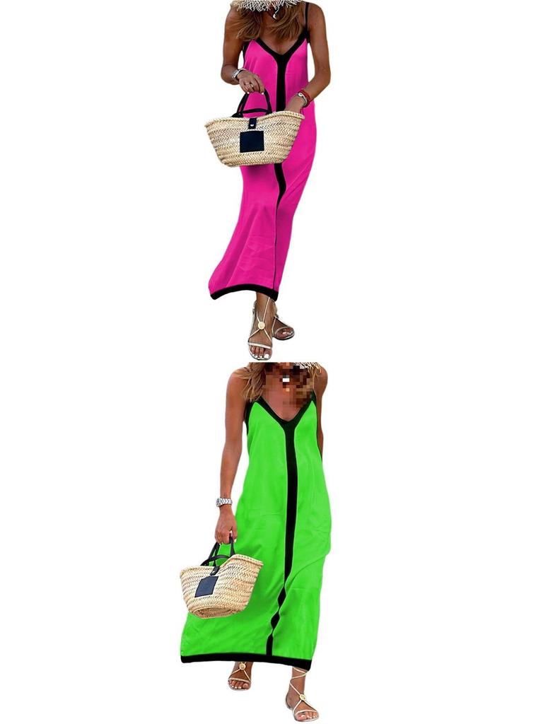 2026 Women's Vacation A-Line Dress with Adjustable Straps and Color Block Design