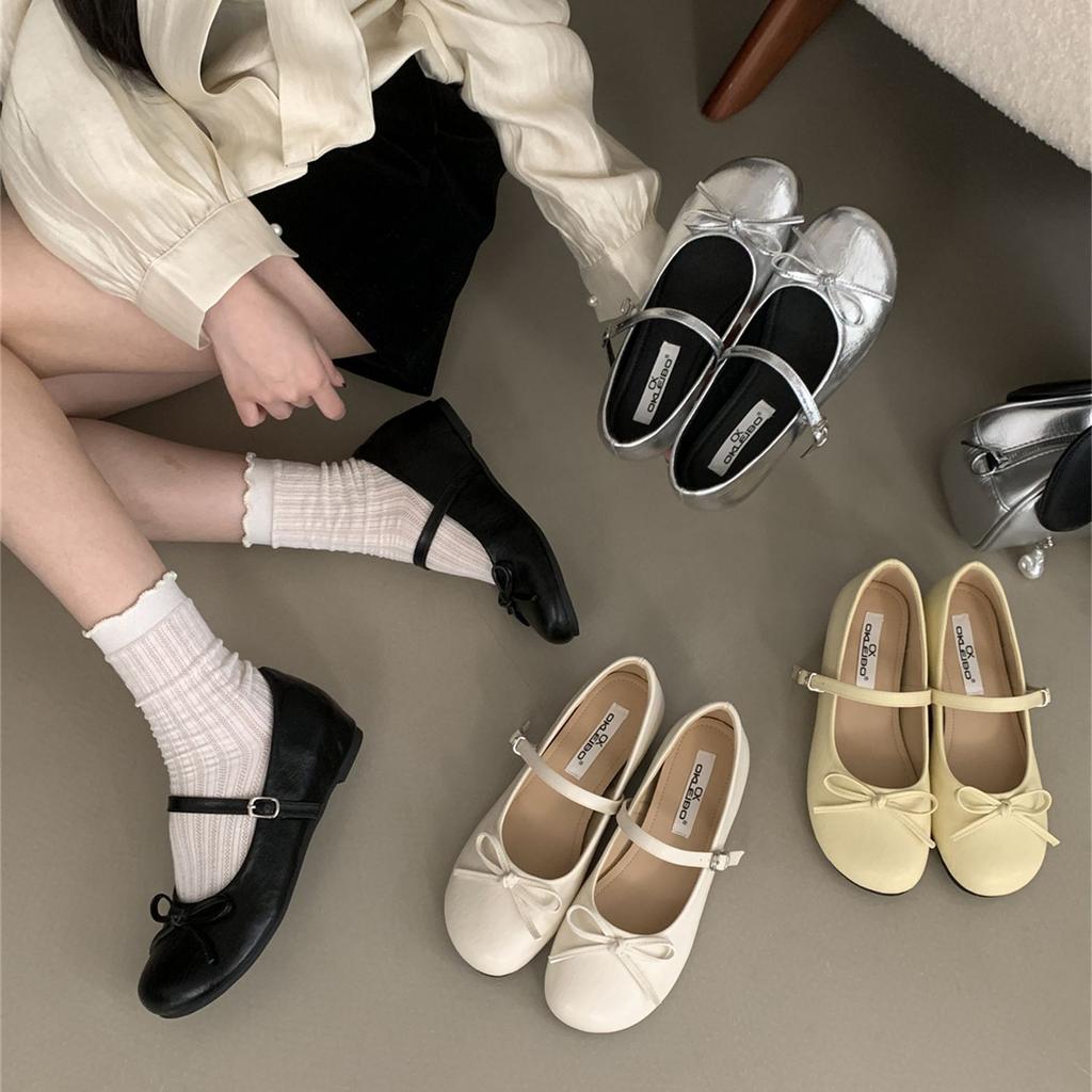 Silver Bow Word Belt Mary Jane Single Shoes Women's Shoes Spring and Autumn 2025 New Fairy Style Ballet Shoes