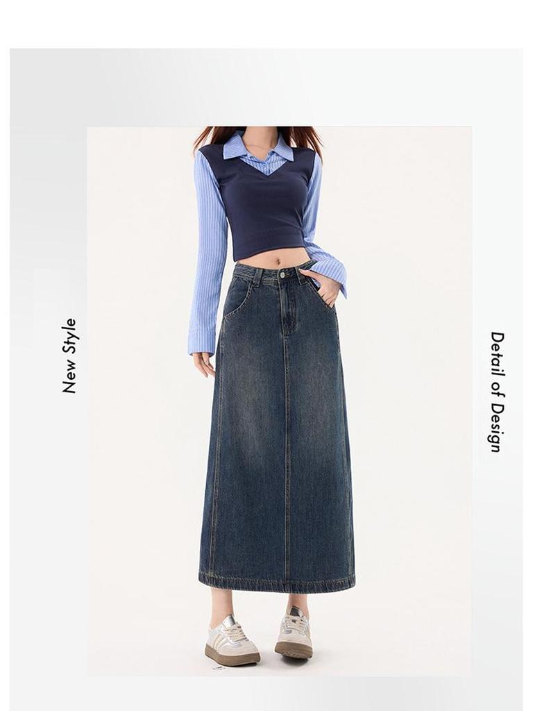 American Retro High Waist A-Line Denim Skirt with Slit and Patchwork - Spring 2026 Collection