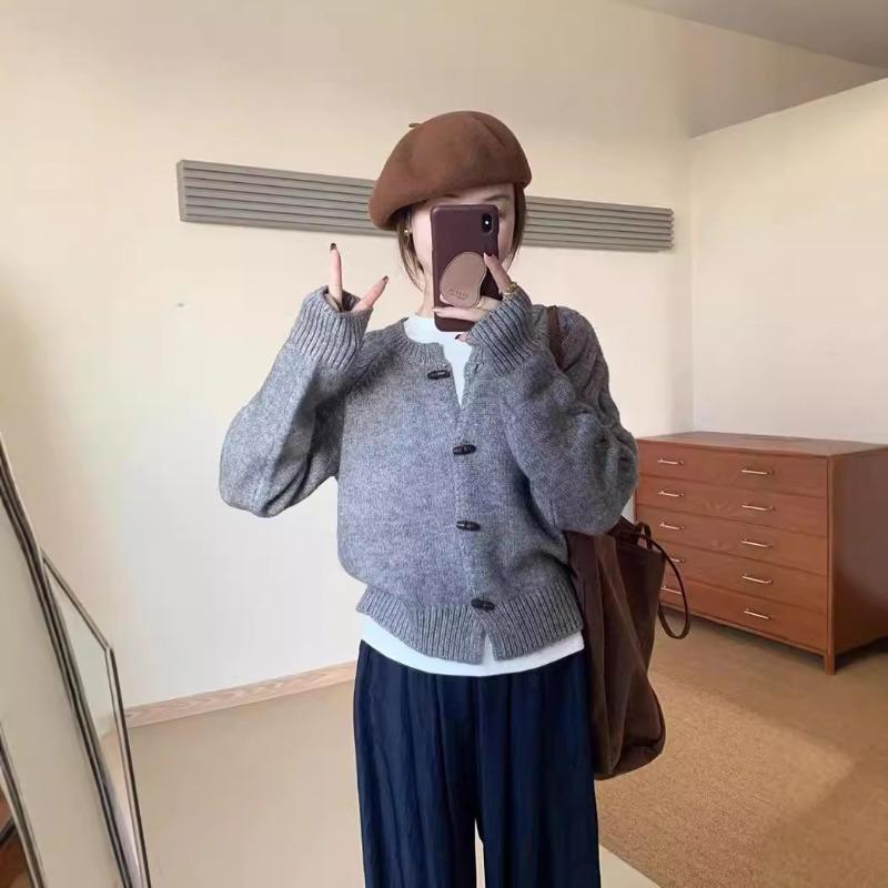 New retro horn button sweater jacket for women's casual simple crew neck cardigan jacket for women