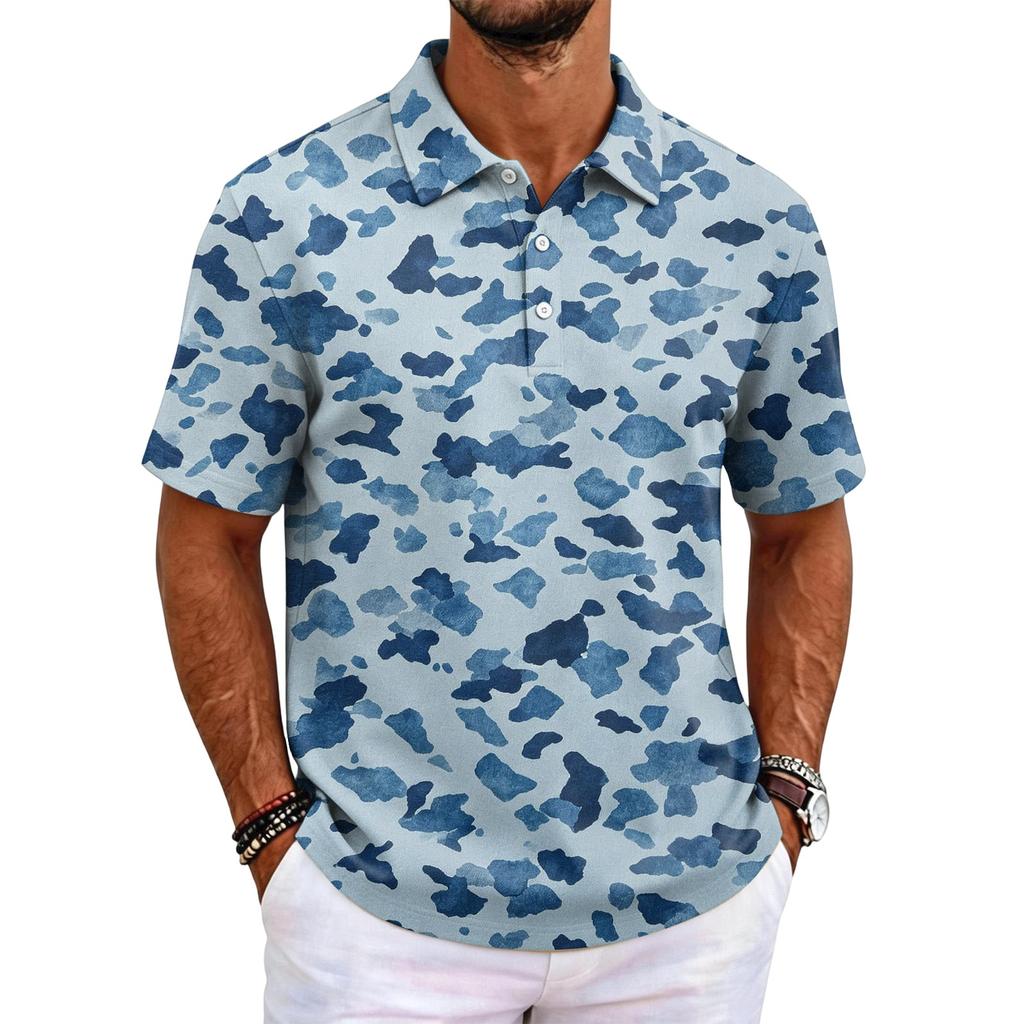 Men's Camouflage Polo Shirt Slim Fit Short Sleeve Business Casual Collar Buttoned Front Breathable Fabric Lightweight Design