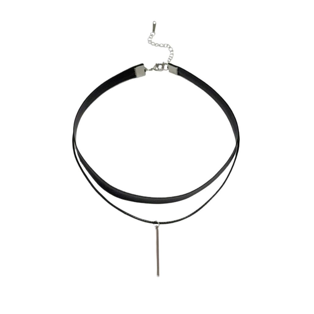 Women's Spicy Style Non-fading Titanium Steel Double Layer Choker with Black Leather Collar and Simple Chain Necklace