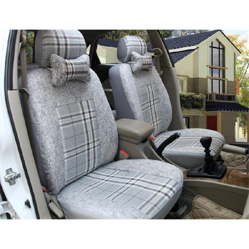 Gray Lattice Rural Style Flax Fabrics 5Seat Universal Seat Cushion For Sedan Suv