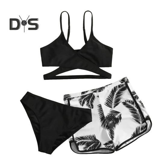 3dílná sada plavek s ramínky, podprsenkou s výstřihem do V a středním pasem, sada plavek, jednobarevné bikiny s kraťasy s potiskem peří