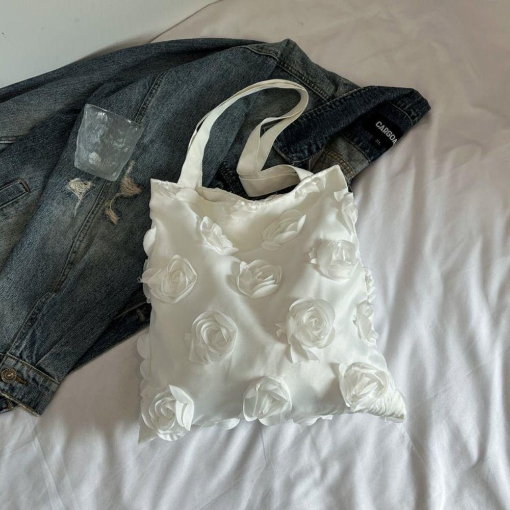 Lightweight Flower Tote Bag Large Capacity Nylon Cloth Handbag Casual Canvas Bag Vacation