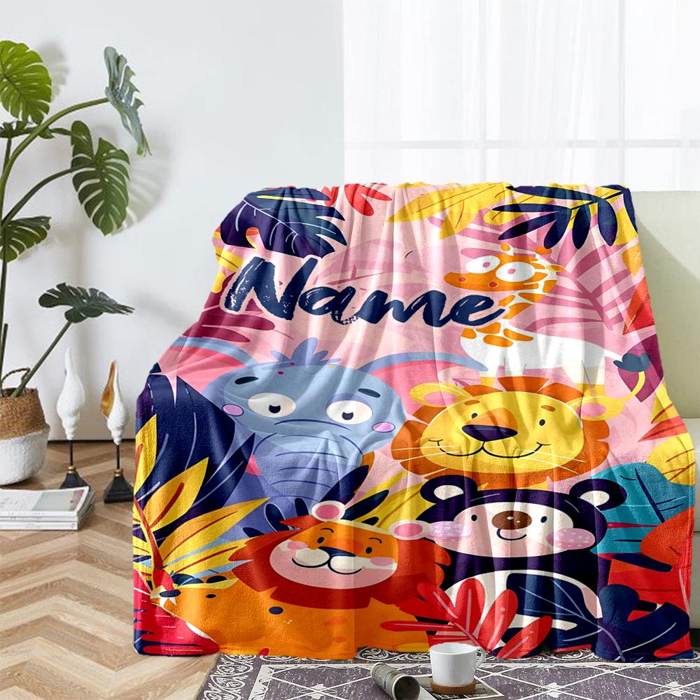 Custom Name Animals Theme Printed Blanket - Perfect for Couch, Bed, Travel & Outdoor Use | Machine Washable, Cozy & Durable.