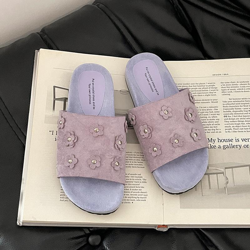 Fashion and literature one-word flower open-toed cool slippers women's 2025 summer new thick-soled outer wear versatile sandals women's shoes