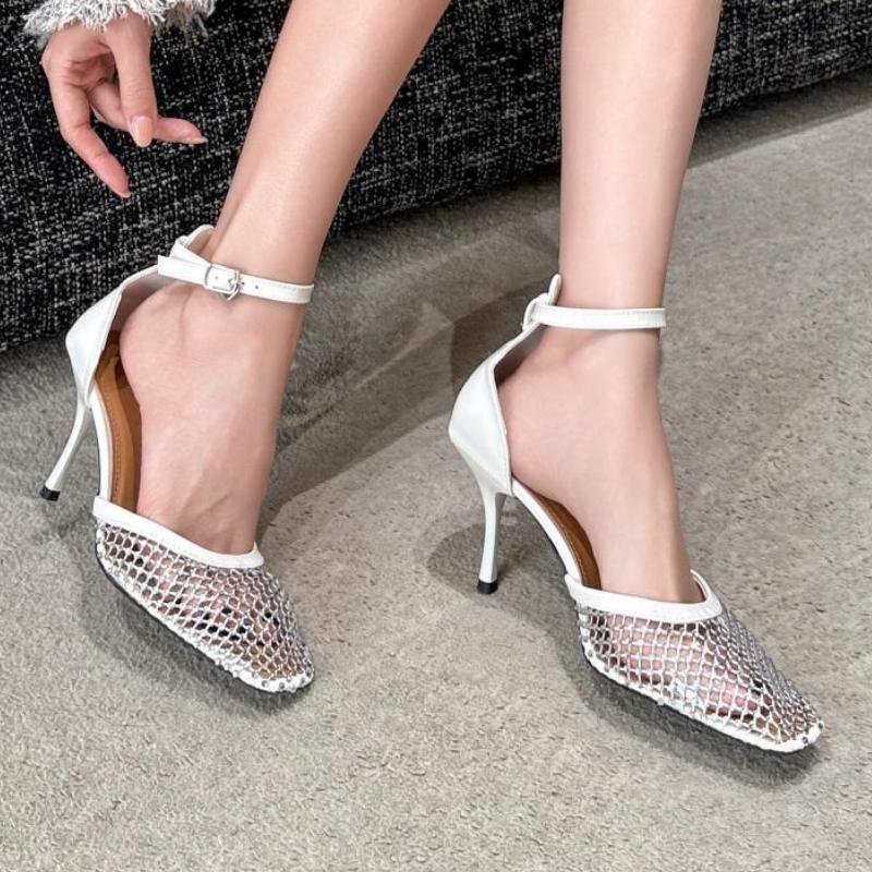 Fashion Luxury Mesh Rhinestone Designer Sandals Fashion Buckle Ankle Strap Square Toe women Slide Sandals summer Sexy Hollow Ladies Shoe