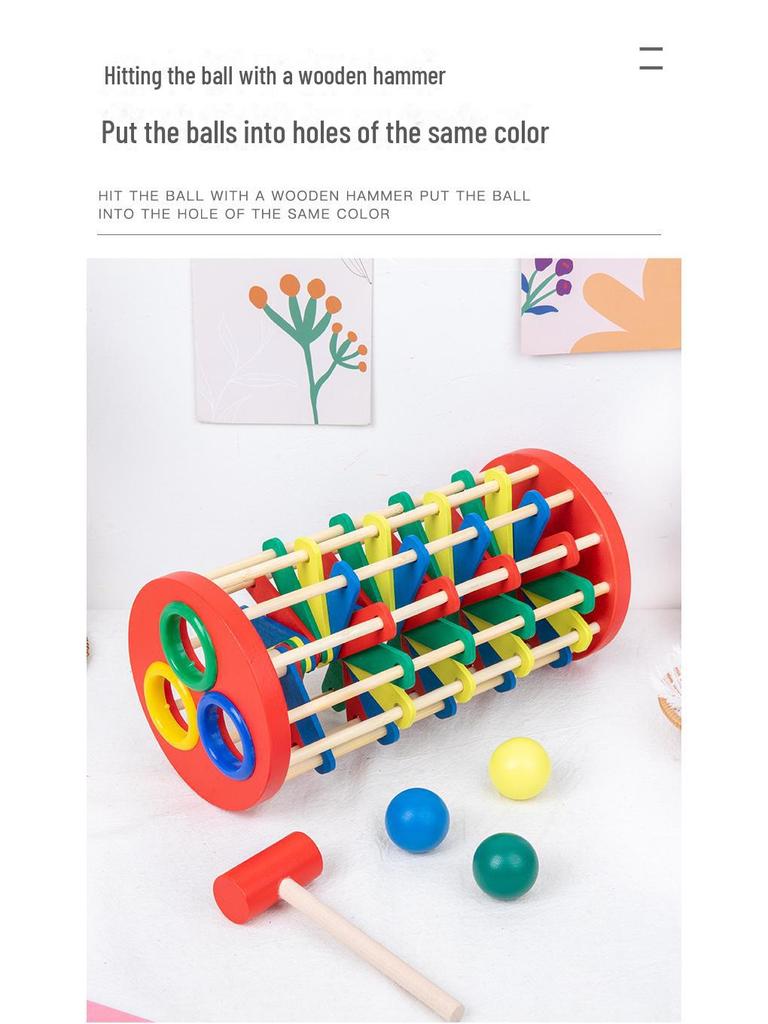 Jucărie Colorată din Lemn cu Scară cu Bile de Bătut pentru Coordonare Mână-Ochi și Dezvoltare la Vârsta Copilăriei Timpurii.