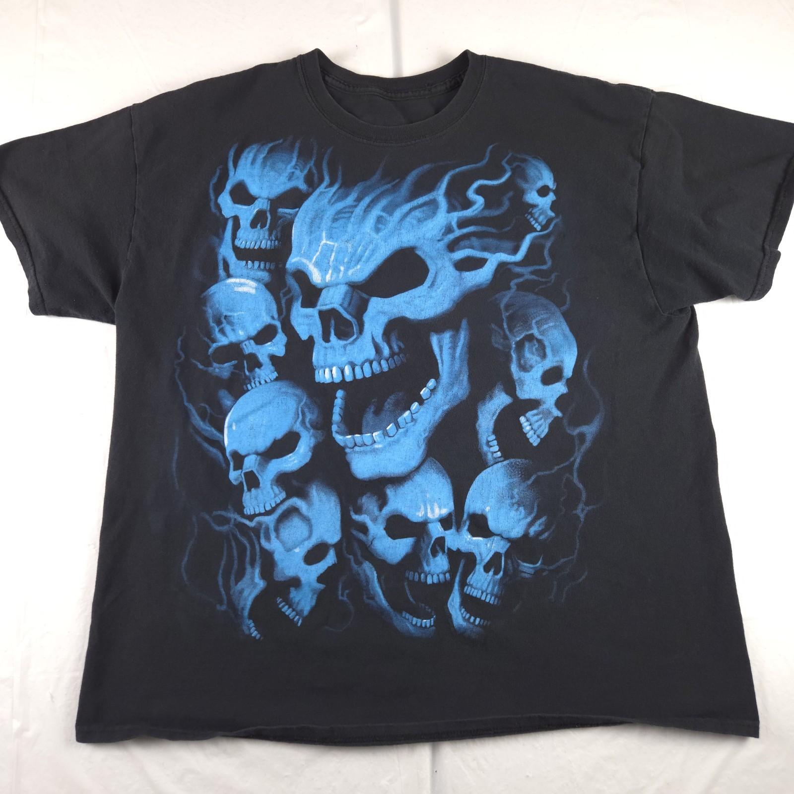Y2k LIQUID BLUE Blue Flaming Skull Pile Graphic T-Shirt Black Goth Biker Size XL Unisex T-Shirt XL