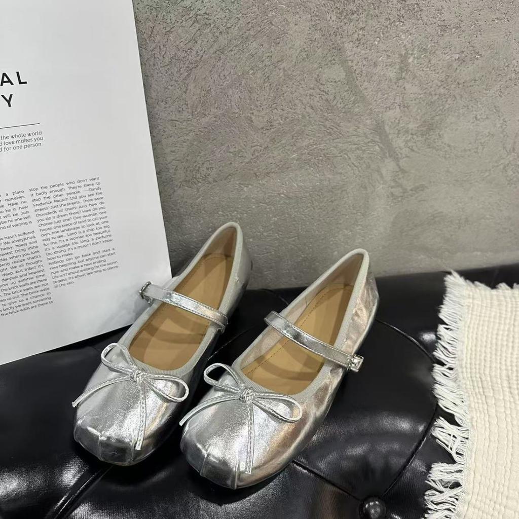 French Flat-bottomed Silver Bow Versatile Mary Jane Shoes 2025 New Summer Light Mouth with Skirt Ballet Shoes