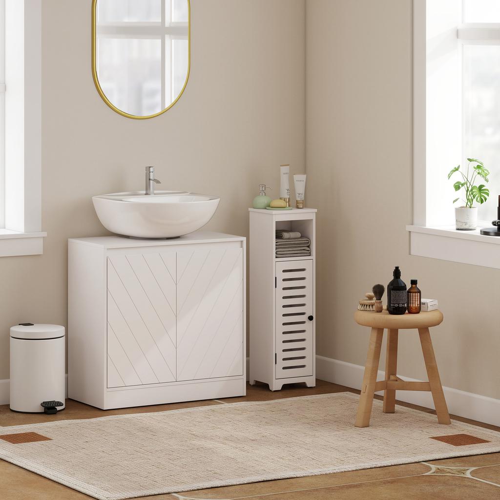 Under-Sink Cabinet Bathroom Cabinet with 2 Doors Adjustable Shelf for Sinks with or Without Pedestal 60x30x59.8 Cm White
