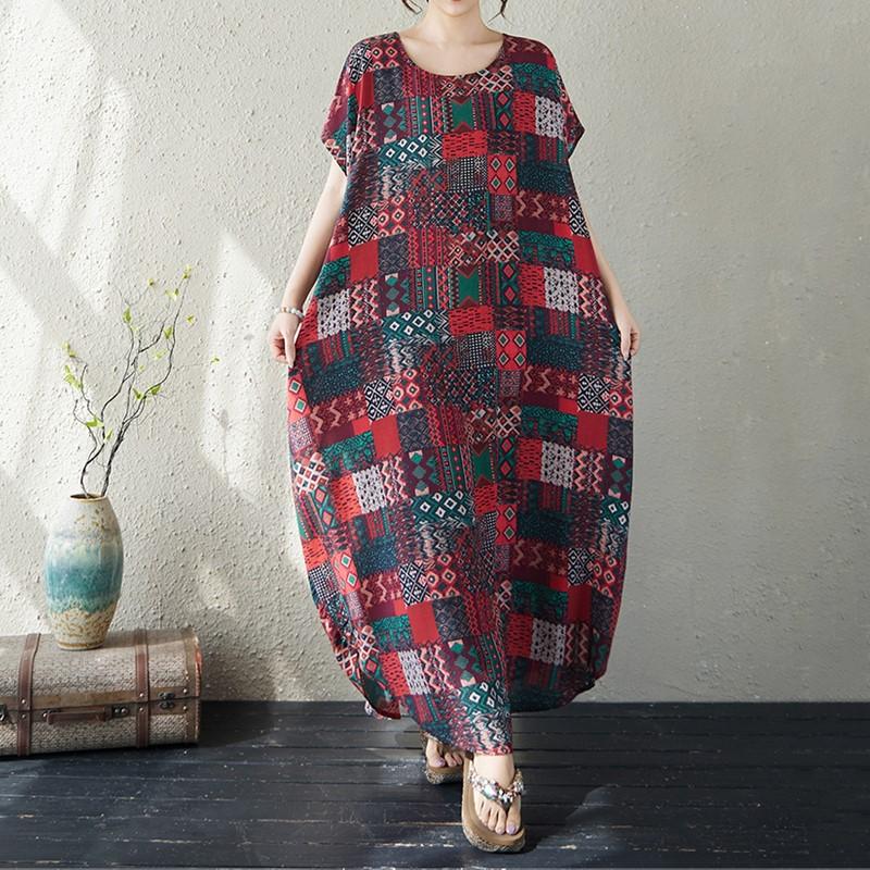 Krátký rukáv Plus size Bavlněné vintage květinové nové šaty pro ženy ležérní volné dlouhé letní šaty