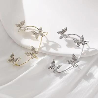 Silver Plated Metal Butterfly Clip Earrings Without Piercing for Women Luxury Sparkling Zircon Ear Cuff Fashion Wedding Jewelry