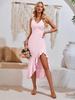 2024 Summer Silky Solid V-Neck Ruffle Hem Mid-Length Dress