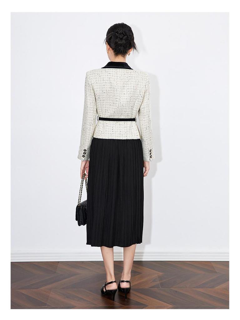 French Light Luxury Sequin Tweed Jacket + Pleated Midi Skirt Set
