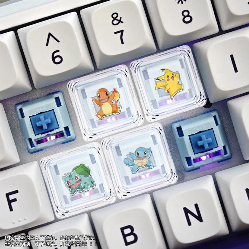 4pcs Pokémon Cartoon Square Transparent PC Keycap Wear-resistant Cross-axis Mechanical Keyboard Keycap with Custom Patterns