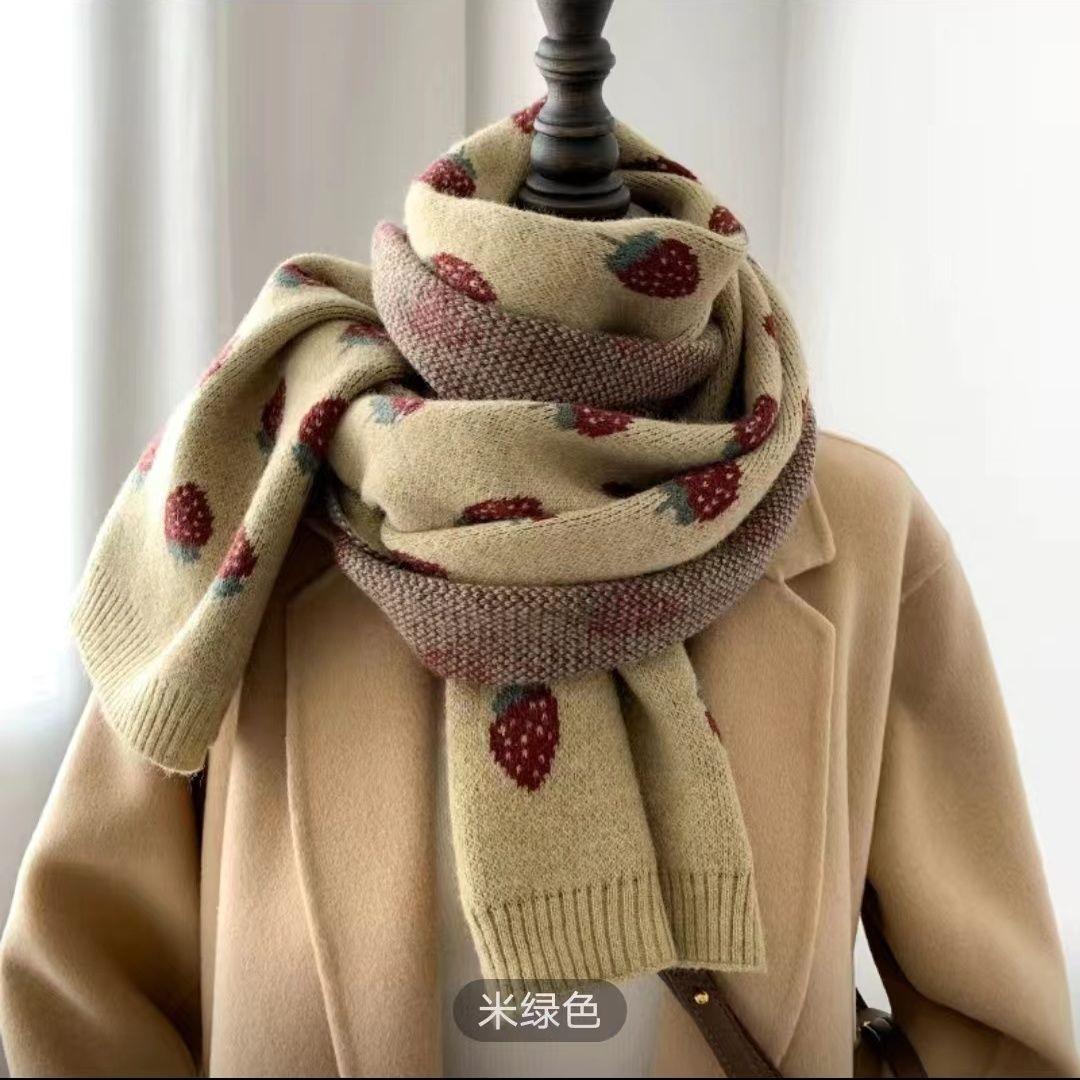 

Women s Strawberry Pattern Knitted Cashmere Scarf Autumn Winter Korean Japanese Style Versatile Student Thickened Warm Neck Warmer