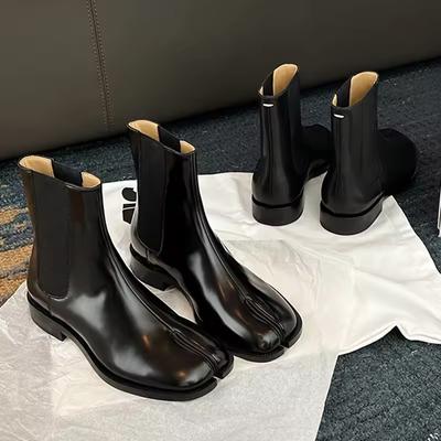 Men Women Winter Boots Leather SlipOn Stretch Slip Chelsea Woman Split Toe Low Heels Ankle Botas Feminina Tabi Shoes Patent Matte Botines