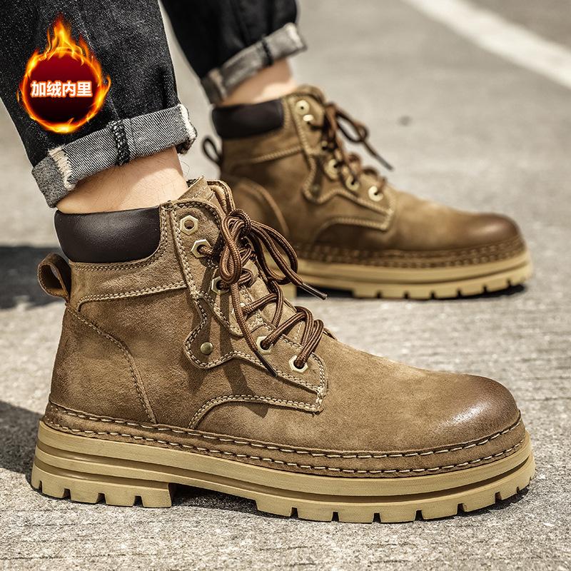 The Same Ins Rhubarb Boots Men's Autumn and Winter Velvet High-top Boots Men's Martin Boots Men's Couple Cotton Shoes Tooling Boots