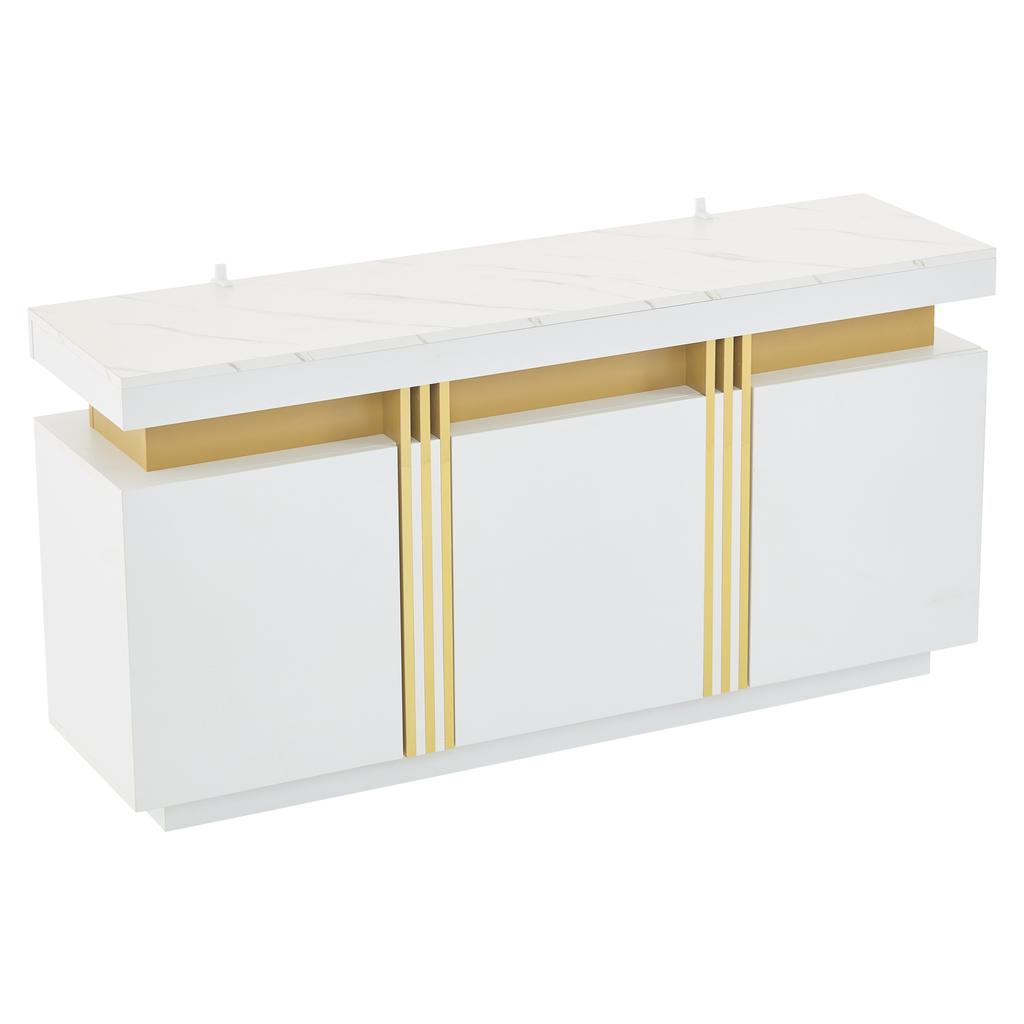 140*38*70cm Modern White Sideboard Display, 3 Doors, Dining Cabinet with Adjustable Dividers, Platinum Seams, Wide Handleless Compartments
