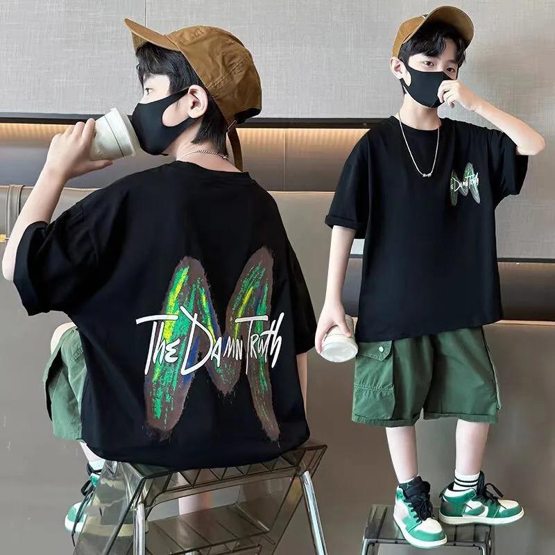 Teen Boys Clothing Set Summer Letter Short Sleeve T Shirt Pants Suit Kids Handsome Casual Outfit