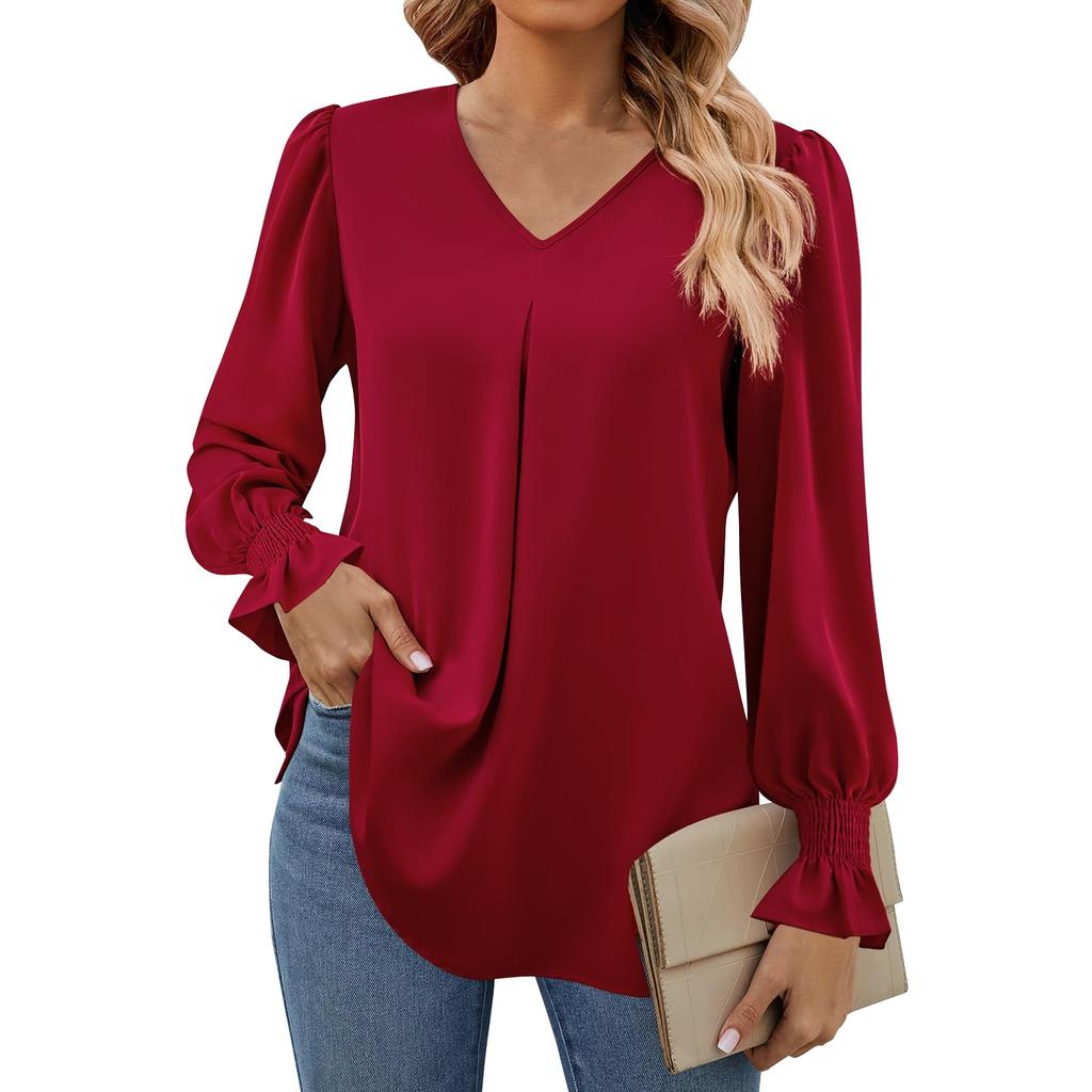 Ladies Fashion Long Sleeve Tops Casual V Neck Loose Chiffon Cuffs Pleated Shirt