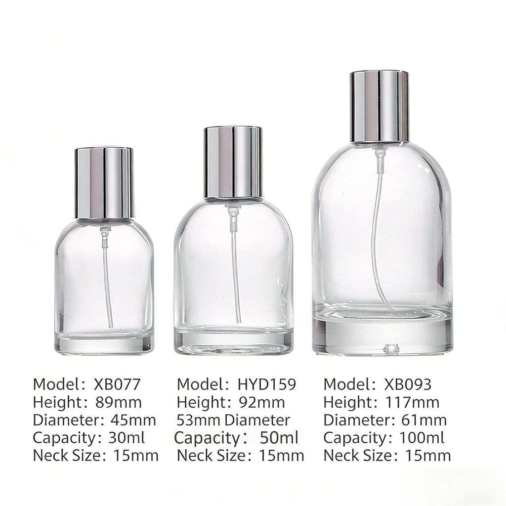 30/50/100ml Klare zylindrische Glasparfümflasche, Leerer Drucksprühzerstäuber, Nachfüllbarer Reise-Probenbehälter
