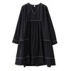 Spring New Loose Dark Design Style Transparent Pleated Patched Concealing Fat and Slimming Dress with V-neck