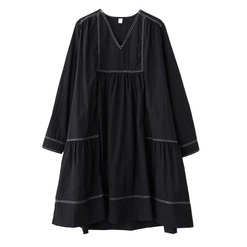 Spring New Loose Dark Design Style Transparent Pleated Patched Concealing Fat and Slimming Dress with V-neck