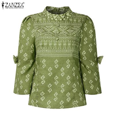 Damen Lässige Rundhals-Bluse mit ethnischem Aufdruck und 3/4-Ärmeln